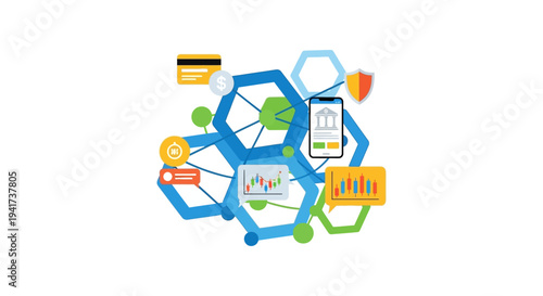 Fintech Ecosystem Vector Illustration: Digital Banking, Stock Market Analysis, and Secure Mobile Finance Network Concept