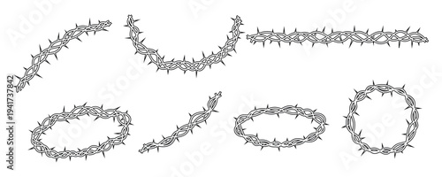 Outline Christian Circle Thorn Crown Branch Icon Set. Christ Thorns of Crown Frame for Friday Sunday Kit. Doodle Vector Graphic Elements in White Background