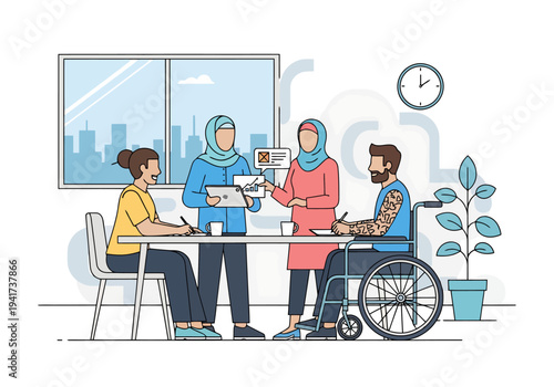 Diverse professionals collaborate on a project in a modern office setting featuring inclusion and teamwork for a successful business meeting