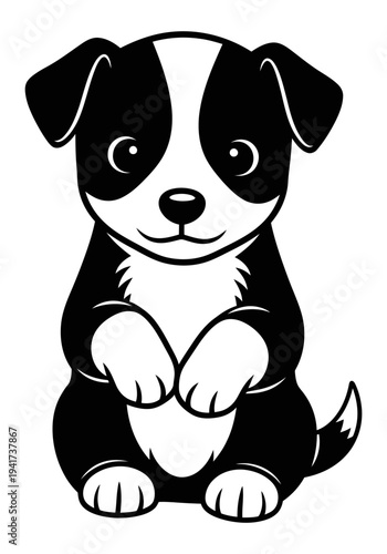 Cute cartoon black and white puppy dog sitting patiently with its paws together isolated on a transparent background