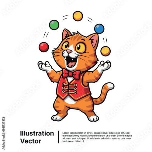 A cartoon cat juggling colorful balls with skill and agility in a playful scene