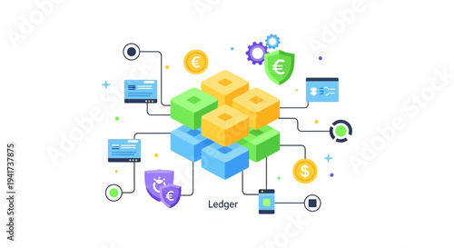 Blockchain Ledger Technology (DLT) concept. Secure decentralized data network, financial transactions, cryptocurrency security, and smart contract architecture.