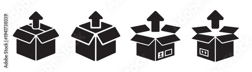 Black open cardboard box icon. Logistics delivery package box symbol