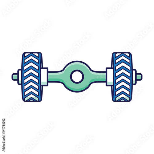 Axle with wheels green metal part blue tires