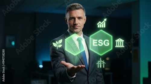 Business professional gestures confidently as glowing ESG icons animate around him, with a slow cinematic camera pan revealing a modern office backdrop, emphasizing sustainability and growth.