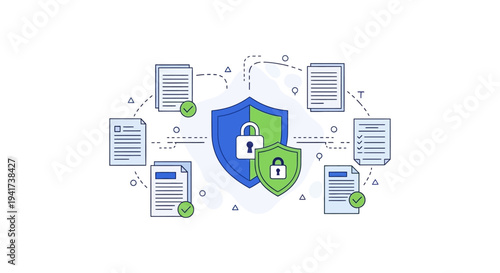 Data Protection and Privacy Shield Icon. Secure Document Management, Digital File Security, and Regulatory Compliance Concept Vector Illustration.