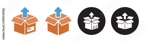 Open box package delivery symbol icon. Logistics parcel package arrow direction vector. Illustration eps