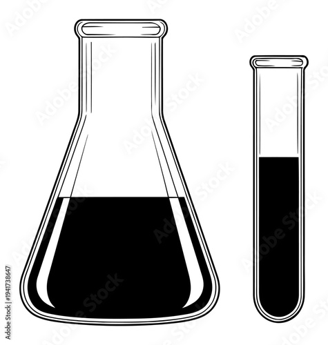 Black and white illustration of a conical flask and a test tube containing dark liquid, commonly used in science experiments.