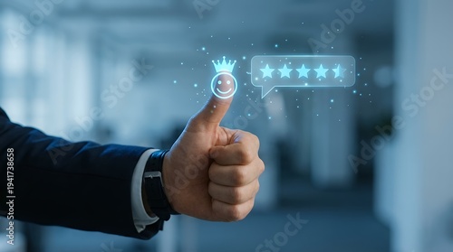 Businessman's hand gives a thumbs-up with glowing five-star hologram, as camera slowly pans through a modern office in cinematic style, symbolizing customer satisfaction and success.
