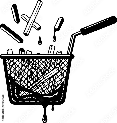 Deep Fryer Basket Lifting Fries with Dripping Oil Vector Art