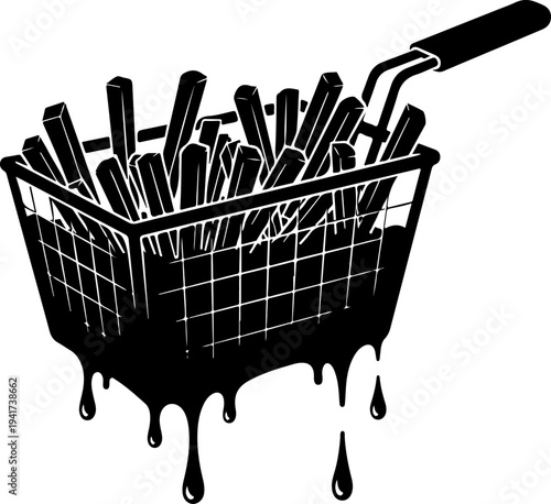 Deep Fryer Basket Lifting Fries with Dripping Oil Vector Art