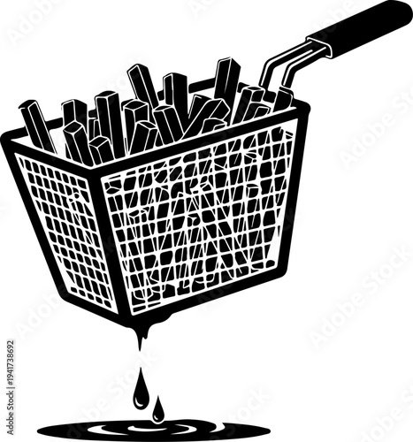 Deep Fryer Basket Lifting Fries with Dripping Oil Vector Art