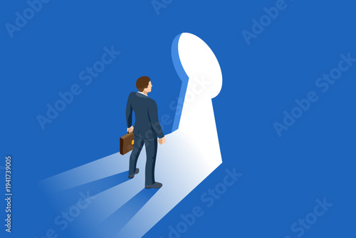 Isometric business access with businessman approaching giant keyhole shaped doorway. Opportunity, secure entry, confidential data access, privacy protection, authorization