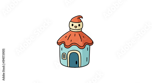 A simple cartoon house with a smiling face on the roof.