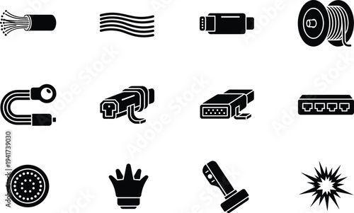 Black and white vector icons set featuring cables, connectors, fiber optics, HDMI, USB, Ethernet, VGA, network switch, joystick, and electrical transmission symbols