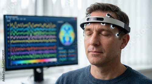 A man with an EEG headset and closed eyes is shown, with brain activity data on a monitor. This depicts neuroscience, mental health, and cognitive function. Useful for medical and tech concepts.