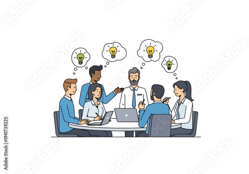 Diverse team collaborating in a modern office generating new ideas and business solutions around a table with a laptop and lightbulb symbols