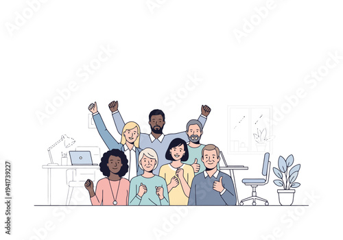 Diverse Group of Colleagues Celebrating Success Together in a Modern Office Environment with Arms Raised in Triumph