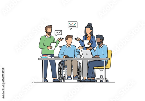 Diverse team collaborates around a table with a person in a wheelchair actively participating in business discussions and planning strategies for