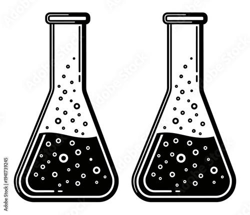 Two black and white illustrations of conical flasks with bubbling liquid, commonly used in chemistry experiments.