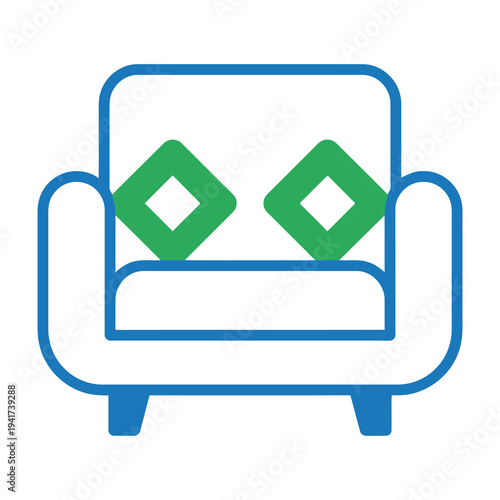 Blue sofa with green pillows simple minimalist home decor illustration