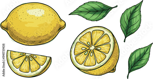 Hand Drawn Lemon Fruit and Leaves Collection