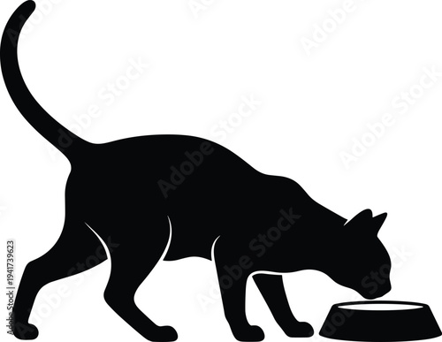 Black silhouette of domestic cat bending down to eat or drink from bowl, simple pet care illustration for animal, veterinary, food, product, design themes