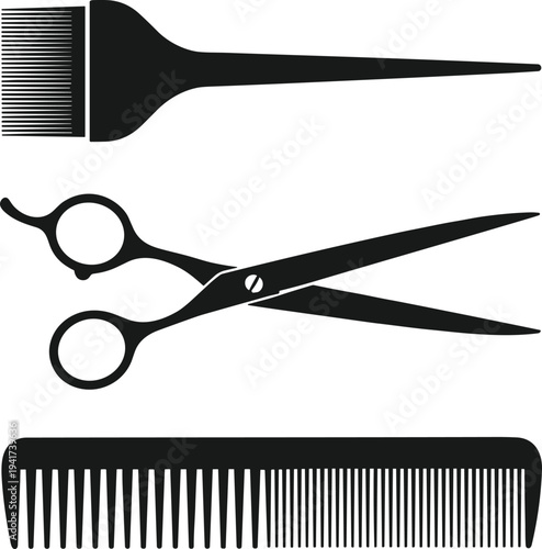 Black silhouette illustration of essential hairdressing tools including dye brush, scissors, and comb, perfect for salon, barber, hairstyling, grooming, and beauty industry design resources