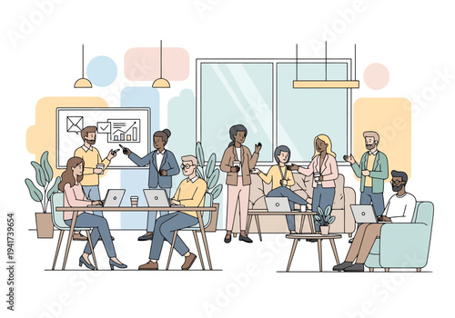 Diverse team collaborating in a modern office space discussing project strategy using laptops and a whiteboard presentation