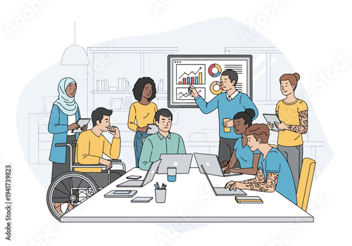 Diverse team collaborates in modern office with charts on screen and individual working on laptops and tablets showcasing teamwork and inclusivity