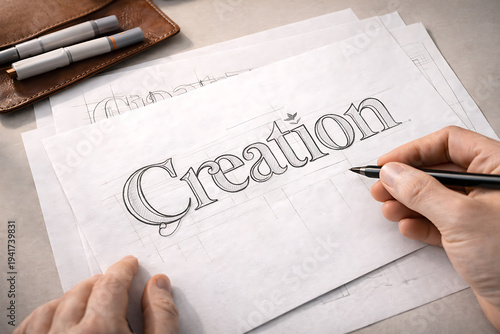Hand sketching the word creation with pencils and paper nearby