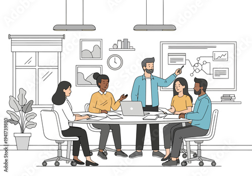 Diverse group of professionals collaborating around a table discussing strategy and presenting ideas on a whiteboard in a modern office setting for