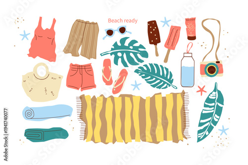 Complete beach essentials set for summer vacation. Colorful flat vector collection of must have items for perfect beach day travel agencies, resort advertising, packing lists, blog illustrations.