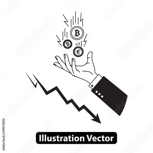 Hand receiving cryptocurrency symbols amidst financial decline illustration