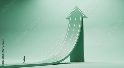 Person on road turning into upward arrow symbolizing career advancement and business growth