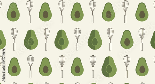 Seamless pattern of avocados and kitchen utensils on a light background.