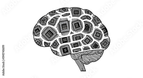 Human brain illustration with microchips and circuit patterns.