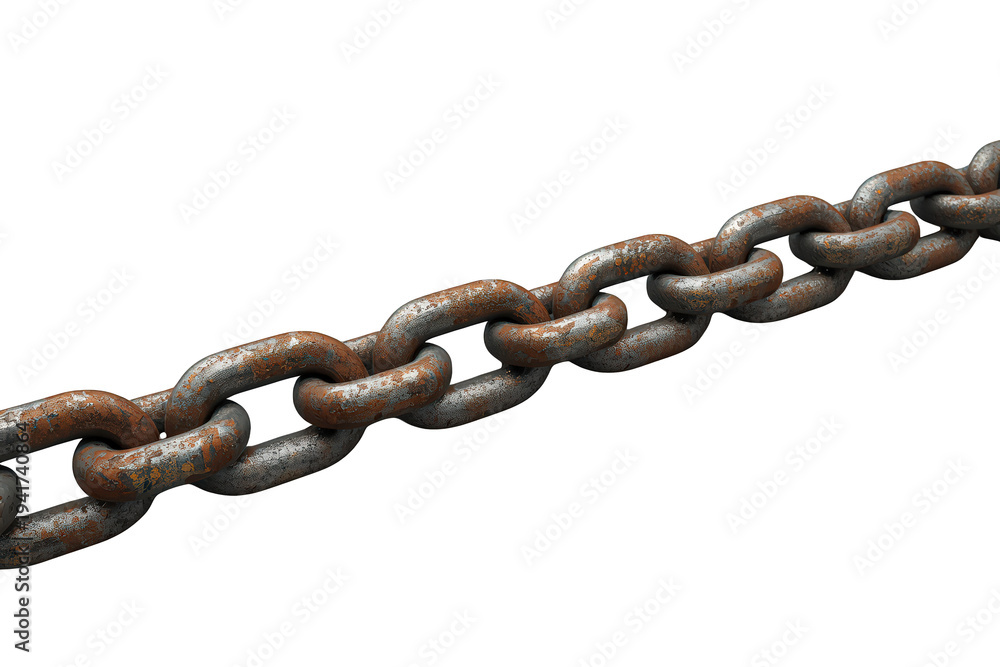 Fototapeta premium Heavy rusty industrial chain showing connection, strength, and corrosion on a transparent background