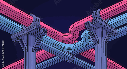 Abstract 3D rendering of intertwined pink and blue ribbons.