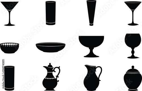 Collection of twelve black drinkware silhouettes including glasses, bowls, pitchers, and jars arranged in grid design, perfect for culinary, beverage, and design references