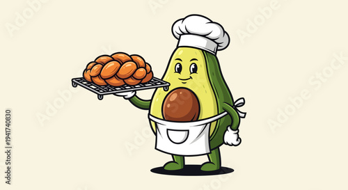 Cartoon Avocado Character Wearing Chef Hat and Apron Holding Grilled Food.