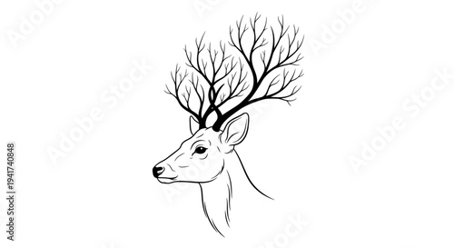 Minimalist black and white illustration of a deer with antlers resembling bare branches.