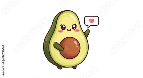 Adorable cartoon avocado character with a pit and speech bubble.