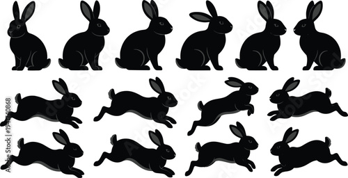 Collection of twelve black rabbits in static sitting and dynamic running poses, stylized silhouettes illustrating animal motion, behavior, speed, and movement for educational or creative design use