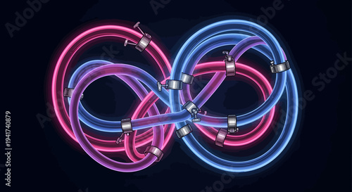 Neon pink and blue intertwined cables on a dark background.