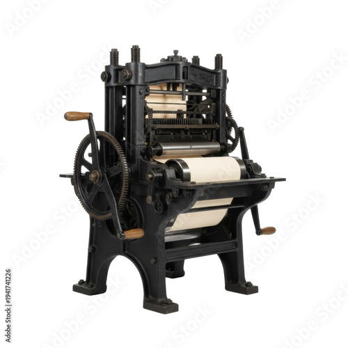 monumental antique industrial printing press, dark matte black cast iron frame, polished steel gears, and aged oak handles, isolated on a transparent studio background, museum-quality celebration of