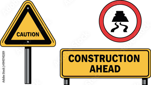 Construction Ahead and Slippery Road Safety Sign Set