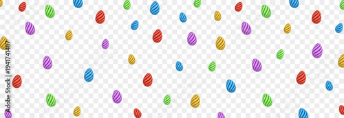 Easter background with falling multicolored eggs PNG. Easter eggs painted with wavy lines.