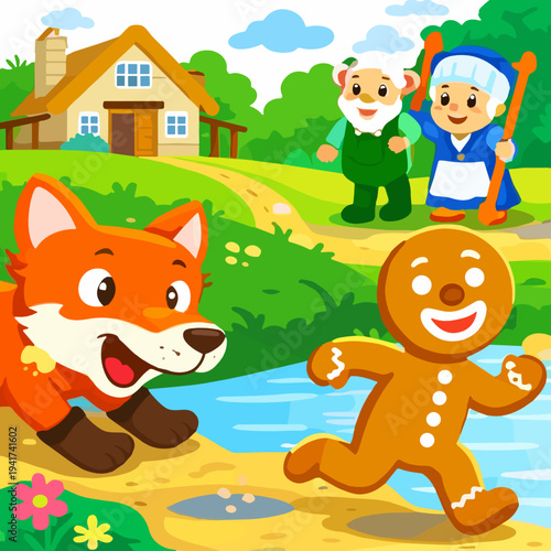 Funny fairy tale vector of a gingerbread man running from a fox by a river near a cottage, with an elderly couple in the background. Concept of chase, danger and folk story.