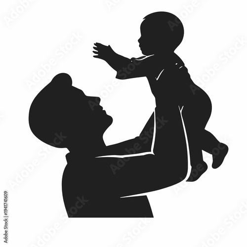 Black silhouette of a smiling mother lifting her baby in the air, capturing joyful bonding, parenting love, family care and early childhood connection in a clean vector style.